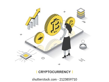 Cryptocurrency concept in 3d isometric outline design. Woman invests money in bitcoins and other currency, increases income and crypto mining, line web template. Vector illustration with people scene