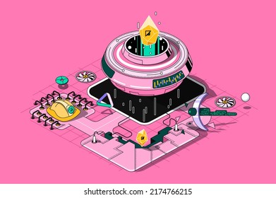 Concepto de criptodivisa 3d diseño web de esquema isométrico. Tecnología Blockchain, minería de bitcoines y cripto de dinero en la explotación minera abstracta. Ilustración vectorial web con composición de gente de línea abstracta