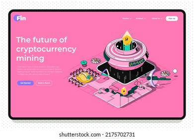 Cryptocurrency concept 3d isometric outline landing page. Blockchain technology, mining bitcoins and crypto money on abstract mining farm. Vector web illustration with abstract line composition.