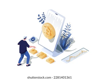 Cryptocurrency concept 3d isometric web scene. People mining crypto money, buying or selling bitcoins and other digital currencies at marketplaces. Vector illustration in isometry graphic design