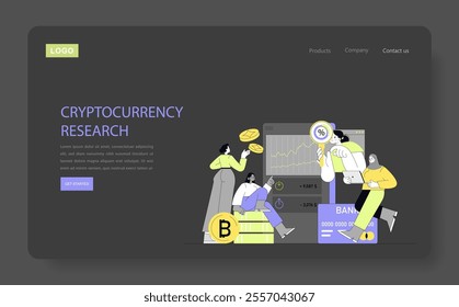 Cryptocurrency concept. Analysts researching market trends and mining digital currency. Online platform for blockchain technology. Vector illustration.