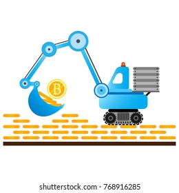 Cryptocurrency concept. Bitcoin mining industry. Process of coins extraction. Blue excavator with coins on white background.