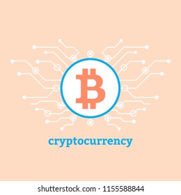 Cryptocurrency concept bitcoin sign in circle with white microchip circuit
