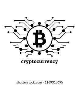 Cryptocurrency concept bitcoin sign in circle with white microchip circuit