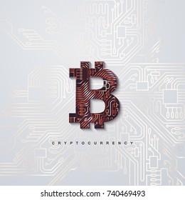 Cryptocurrency concept. Bronze textured bitcoin sign and circuit board background. Vector futuristic illustration with blockchain technology based crypto currency. Financial concept. Virtual money