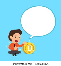 Cryptocurrency concept a businessman with big coin stack and white speech bubble for design.