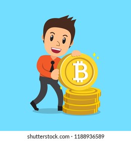 Cryptocurrency concept a businessman with big coins for design.