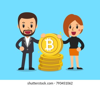 Cryptocurrency concept businessman and businesswoman with big coin stack for design.