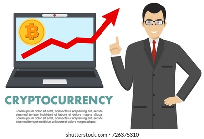 Cryptocurrency concept. Businessman with computer. Up graph with bitcoin sign in flat icon design in laptop. Digital currency electronic money, exchange, mobile banking. Vector illustration.