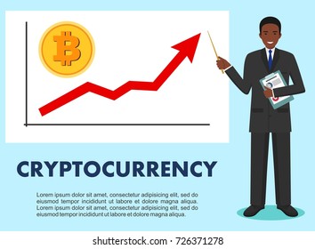 Cryptocurrency concept. Businessman and graph with trend line rising up and coin with a sign of bitcoin in flat style isolated. Digital currency electronic money, exchange, mobile banking. Vector
