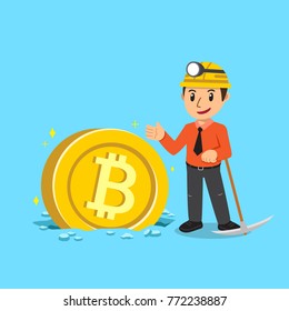 Cryptocurrency concept businessman miner use pickaxe working big coin mine