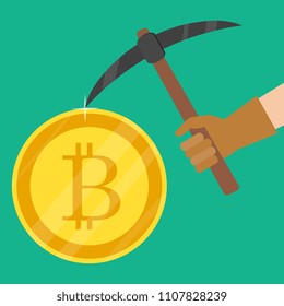 Cryptocurrency concept. Businessman mining bitcoins. Vector illustration