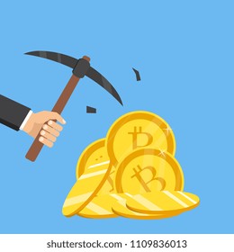 Cryptocurrency concept. Businessman mining bitcoins. Vector illustration