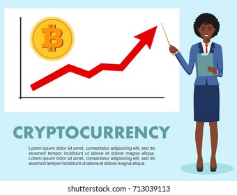 Cryptocurrency concept. Businesswoman and graph with trend line rising up and coin with a sign of bitcoin in flat style isolated. Digital currency electronic money, exchange, mobile banking. Vector.