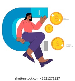 Cryptocurrency concept. Businesswoman interacting with digital currency, symbolizing the merging of traditional and modern finance. Vector illustration.