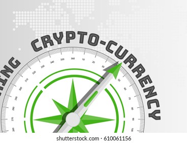 Crypto-currency concept by navigational compass pointing towards text