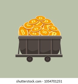 Cryptocurrency concept with a cart with full crypto currency. Cartoon style, isolated