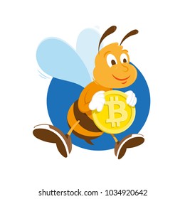 Cryptocurrency concept cartoon character fun happy cute smile bee mining working and keep one big gold coin money bitcoin. Vector modern style illustration. Animal mascot icon logo.