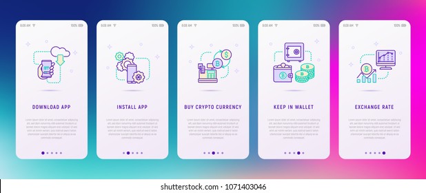 Cryptocurrency concept: download app, install app, buy cryptocurrency, keep in wallet, exchange rate. Modern vector illustration, user interface for mobile app.