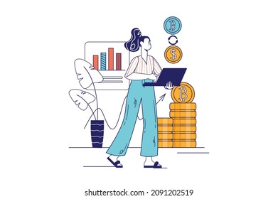 Cryptowährung Konzept in flacher Linie Design für Web-Banner. Frauen kaufen oder verkaufen Bitcoins mit Laptop, Business-Mining-Kryptogeld, moderne Menschen-Szene. Vektorgrafik im Skizzenbildstil