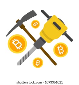 Cryptocurrency concept flat vector illustration. Bitcoin digital money. ryptocurrency production process. Logo, icon, pickaxe and jackhammer with coins.