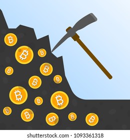 Cryptocurrency concept flat vector illustration. Bitcoin digital money. ryptocurrency production process. Production of the coins out of the ground with a pick. Bitcoin mining