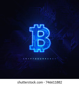 Cryptocurrency concept. Glowing neon light bitcoin sign and circuit board background. Vector futuristic illustration with blockchain technology based crypto currency. Financial concept. Virtual money