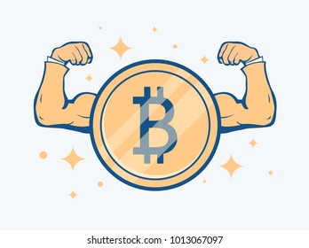 Cryptocurrency concept. Golden coin with bitcoin sign and muscle hands. Vector flat illustration. Financial or technology concept of financial growth. Virtual money