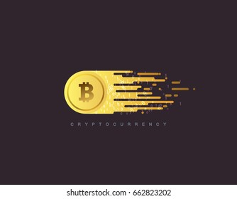 Cryptocurrency concept. Golden coin with bitcoin sign. Vector flat illustration with blockchain technology based crypto currency. Financial or technology concept. Virtual money