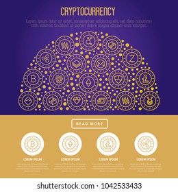 Cryptocurrency concept in half circle with thin line icons: Bitcoin, Ethereum, Ripple, Litecoin, Dash, NEM, ubiq, IOTA, Monero. Modern vector illustration for banner, web page, print media.