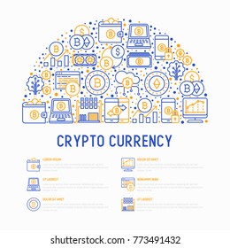 Cryptocurrency concept in half circle with thin line icons set: mining farm, bitcoin, exchange, wallet, online banking, coin, payment. Modern vector illustration for banner, web page.