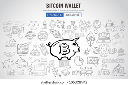 Cryptocurrency concept hand drawn doodle designs like: blockchains, software wallet, exchanges, data mining, nodes and so on