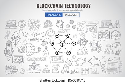 Cryptocurrency concept hand drawn doodle designs like: blockchains, software wallet, exchanges, data mining, nodes and so on