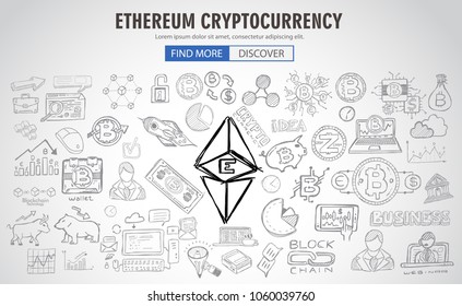 Cryptocurrency concept hand drawn doodle designs like: blockchains, software wallet, exchanges, data mining, nodes and so on