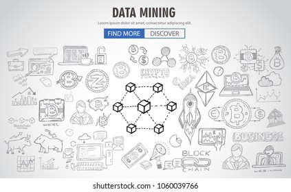 Cryptocurrency concept hand drawn doodle designs like: blockchains, software wallet, exchanges, data mining, nodes and so on