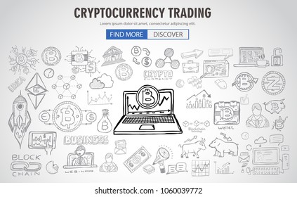 Concepto de criptodivisa diseños de doodle dibujados a mano como: cadenas de bloqueo, cartera de software, intercambios, minería de datos, nodos, etc.