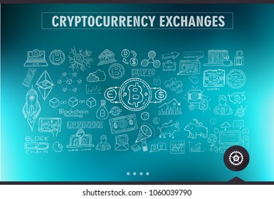 Cryptocurrency concept hand drawn doodle designs like: blockchains, software wallet, exchanges, data mining, nodes and so on