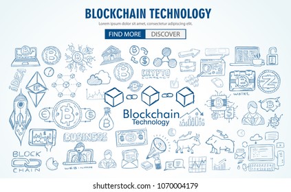 Cryptocurrency concept hand drawn doodle designs like: blockchains, software wallet, exchanges, data mining, nodes and so on