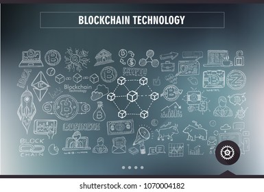 Cryptocurrency concept hand drawn doodle designs like: blockchains, software wallet, exchanges, data mining, nodes and so on