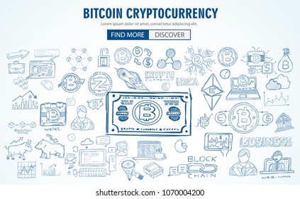 Cryptocurrency concept hand drawn doodle designs like: blockchains, software wallet, exchanges, data mining, nodes and so on