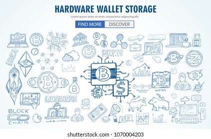Cryptocurrency concept hand drawn doodle designs like: blockchains, software wallet, exchanges, data mining, nodes and so on