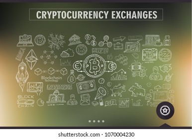 Concepto de criptodivisa diseños de doodle dibujados a mano como: cadenas de bloqueo, cartera de software, intercambios, minería de datos, nodos, etc.