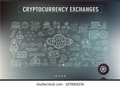 Cryptocurrency concept hand drawn doodle designs like: blockchains, software wallet, exchanges, data mining, nodes and so on