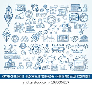 Cryptocurrency concept hand drawn doodle designs like: blockchains, software wallet, exchanges, data mining, nodes and so on