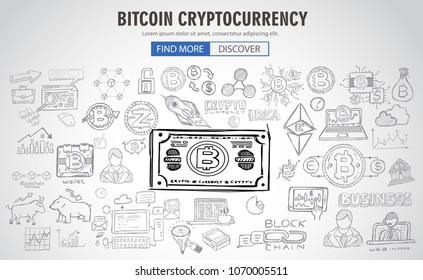 Cryptowährung-Konzept handgezeichnet doodale Designs wie: Blockchains, Software-Brieftasche, Austausch, Data Mining, Knoten usw.