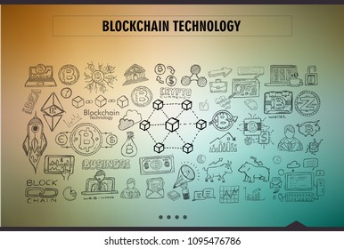 Cryptocurrency concept hand drawn doodle designs like: blockchains, software wallet, exchanges, data mining, nodes and so on