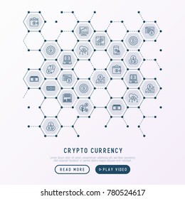 Cryptocurrency concept in honeycombs with thin line icons set: mining farm, bitcoin, exchange, wallet, online banking, coin, payment. Modern vector illustration for banner, web page.