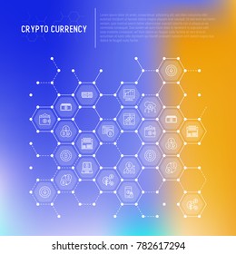 Cryptocurrency concept in honeycombs with thin line icons set: mining farm, bitcoin, exchange, wallet, online banking, coin, payment. Modern vector illustration for banner, web page.