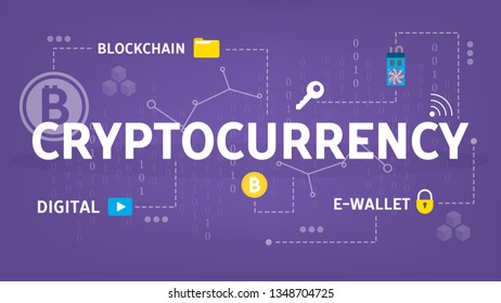Cryptocurrency concept. Idea of blockchain and mining. Finance wealth and digital money earn. Futuristic technology. Isolated flat vector illustration