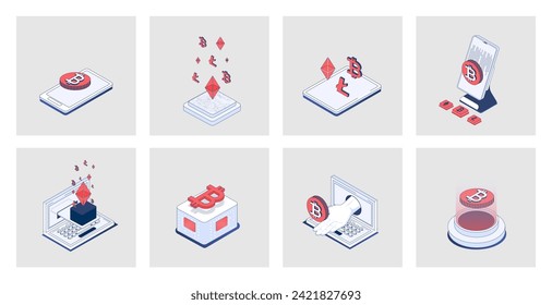 Cryptocurrency concept of isometric icons in 3d isometry design for web. Crypto business and bitcoins investment, blockchain, trading and mining coins at virtual platforms. Vector illustration